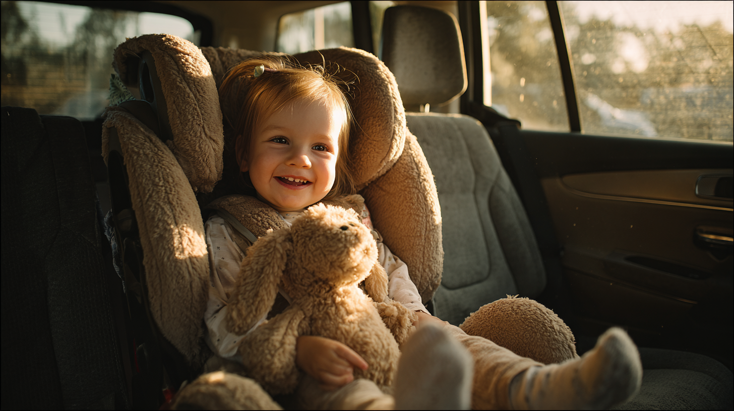 1-year-old toddler properly secured rear-facing in convertible car seat, showing comfortable leg position and proper harness fit